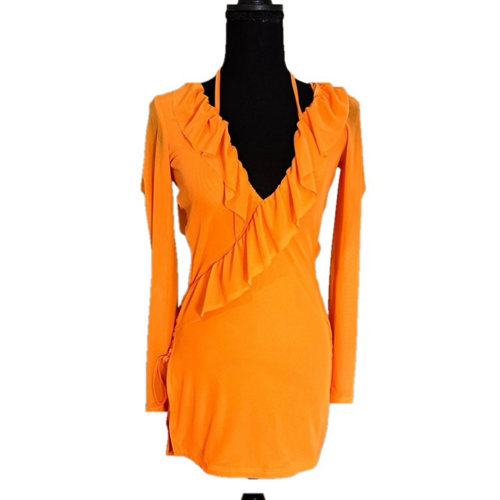 NWT LONG SLEEVE ORANGE HALTER RUFFLE DRESS WITH OPEN BACK AND SIDE SLIT